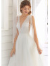 Plunging Neck Beaded Ivory Lace Tulle Wedding Dress
